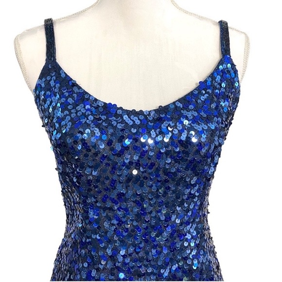 Vintage 90s Blue Sequin Mini Dress 10 Low Back Sleeveless Dopamine Glam Bodycon - Picture 3 of 9